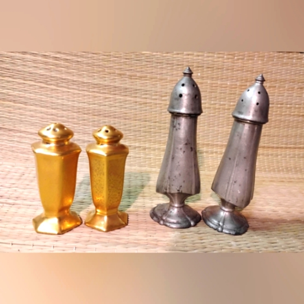 Vintage Gold Pikard & Pewter Salt and Pepper Shakers Set